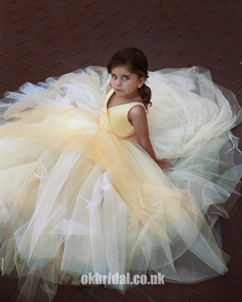 A-Line Tulle Yellow Flower Girl Dresses, Popular Satin Little Girl Dresses, FC1802