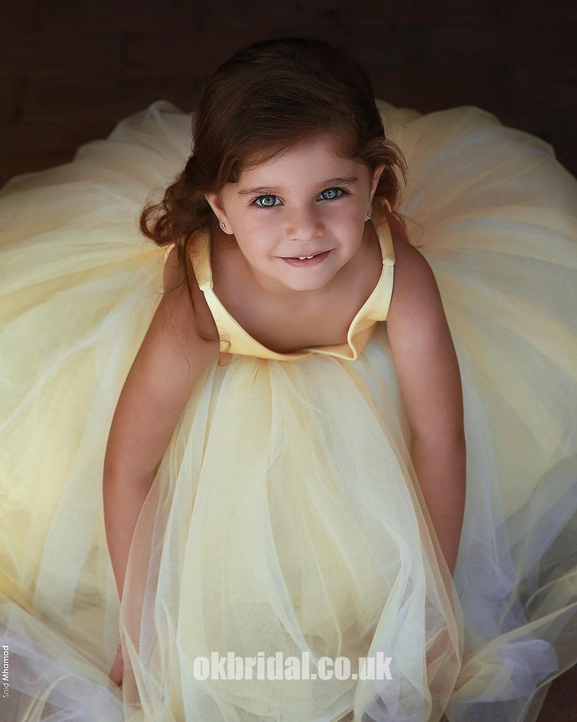 A-Line Tulle Yellow Flower Girl Dresses, Popular Satin Little Girl Dresses, FC1802