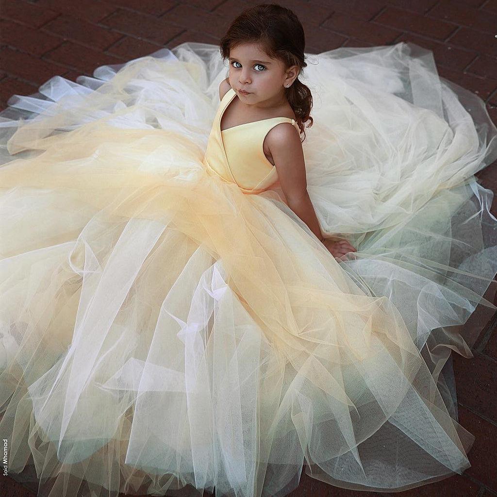 A-Line Tulle Yellow Flower Girl Dresses, Popular Satin Little Girl Dresses, FC1802