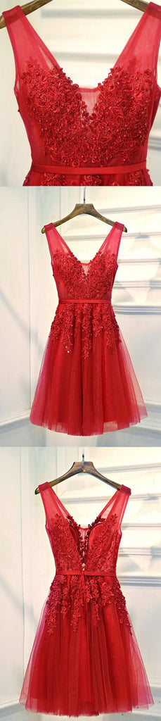 V Neckline Red Lace Short Homecoming Dress, Red Short Prom Dresses, Perfect Homecoming Dresses, Red Cocktail Dresses, CM0013