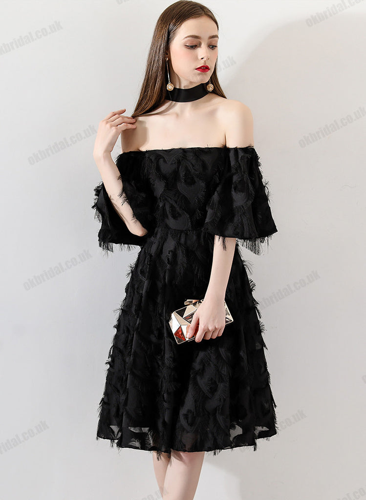 Black Off Shoulder Homecoming Dresses, Lace Backless Short Sleeve Homecoming Dresses, KX1505