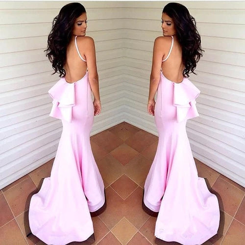 Pink Spaghetti Straps Mermaid Jersey Backless Floor-Length Bridesmaid Dress, FC892