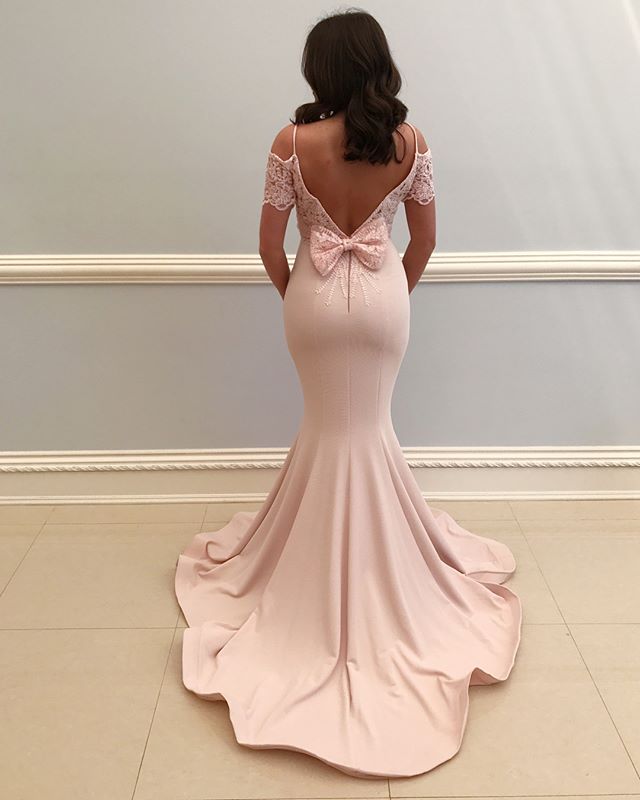 Spaghetti Straps Mermaid Jersey Short Sleeve Backless Prom Dresses, KX911