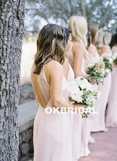 Cheap Pink Chiffon Long Lace Open-Back A-Line Bridesmaid Dresses, KX950