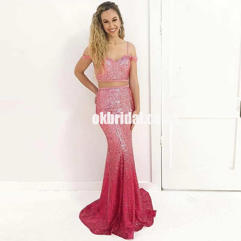 Gradual Sequin Mermaid Prom Dress, Sparkle Beaded Two Pieces Prom Dress, KX1251