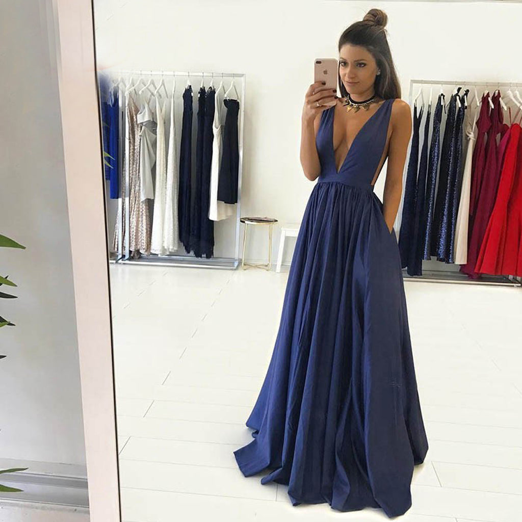 Charming Deep V-Neck Prom Dresses, Sleeveless Jersey A-Line Backless Prom Dresses, KX1256