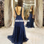 Online Charming Beaded A-Line Sleeveless Chiffon Long Navy Backless Prom Dresses, KX1258