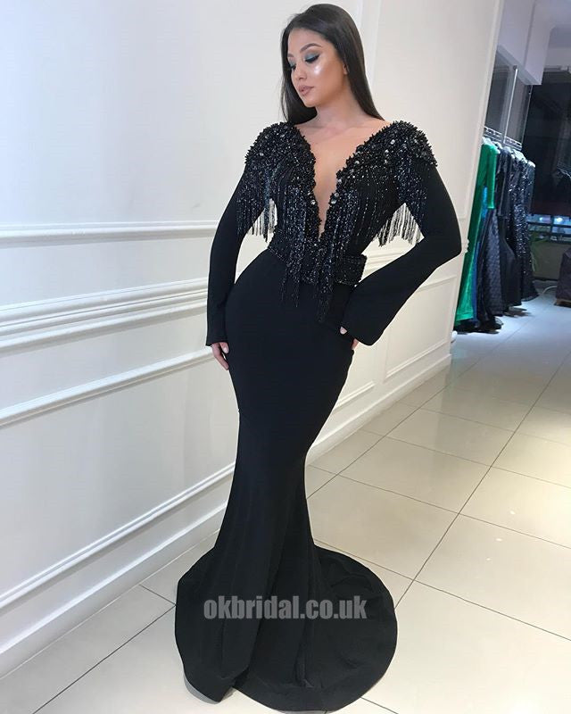 Black Tulle Long Sleeve Backless Jersey Mermaid Beaded Prom Dress, FC1890