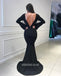 Black Tulle Long Sleeve Backless Jersey Mermaid Beaded Prom Dress, FC1890