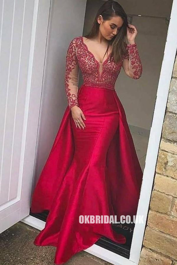 Red Long Sleeve Beaded Backless Deep V-neck Prom Dresses, FC1952