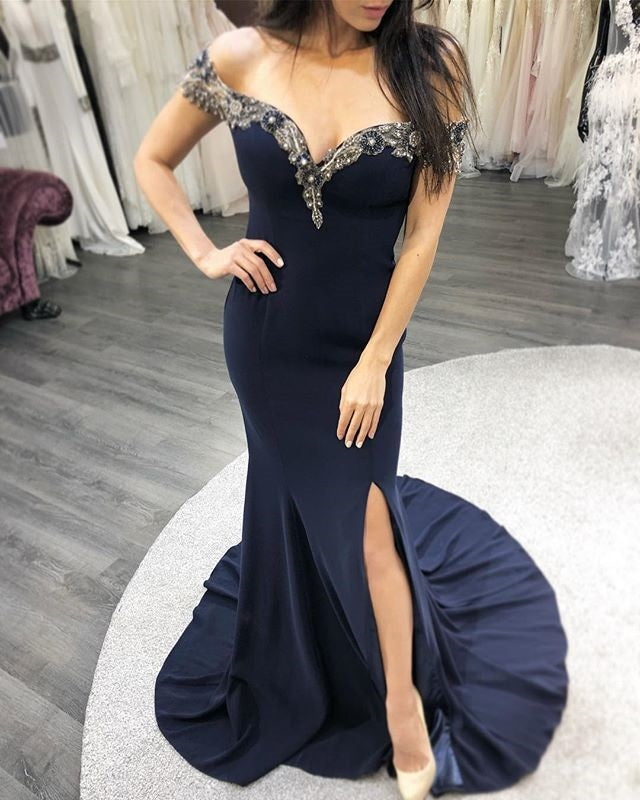 Off Shoulder Mermaid Jersey Sexy Slit Beaded Backless Prom Dresses, FC1964