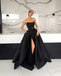 Black Satin Backless Simple A-Line Slit Cheap Long Prom Dresses, FC2121