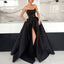 Black Satin Backless Simple A-Line Slit Cheap Long Prom Dresses, FC2121