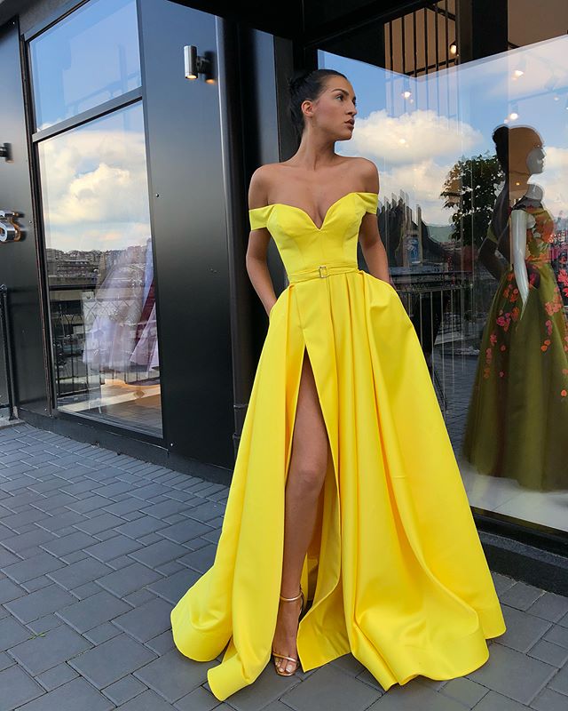 Off Shoulder Yellow A-line Satin Slit Charming Prom Dresses, FC2130