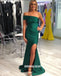 Forest Green Mermaid Off Shoulder Backless Satin Prom Dresses, FC2217