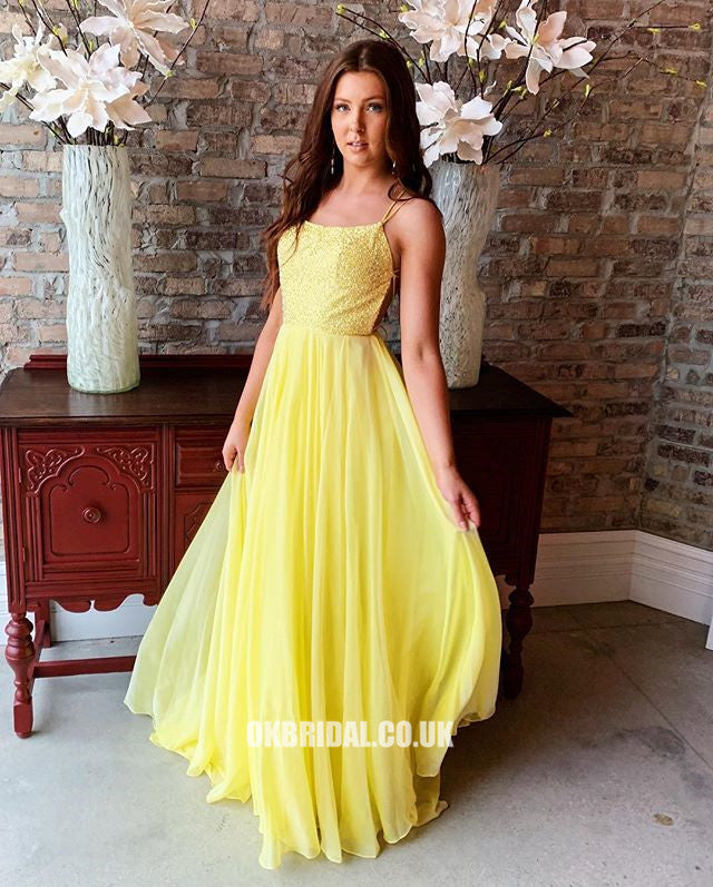 Yellow Spaghetti Straps A-line Backless Chiffon Sequin Prom Dresses, FC2402