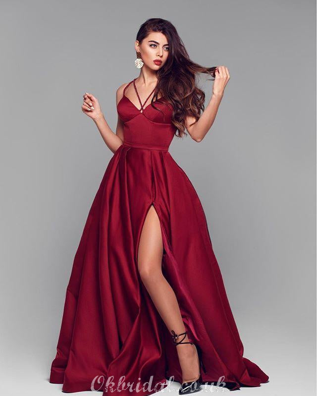 Elegant A-line Satin Backless Sexy Slit Long Prom Dress, FC2541