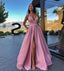 Different Colors A-line Satin Sleeveless Spaghetti Straps Slit Prom Dress, FC3758