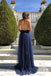 Navy A-line Sparkly Deep V-neck Backless Tulle Charming Prom Dress, FC2550