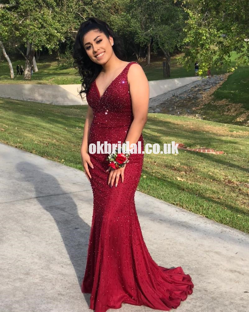 Sexy V-Neck Sleeveless Mermaid Red Beaded Backless Prom Dresses, KX1058