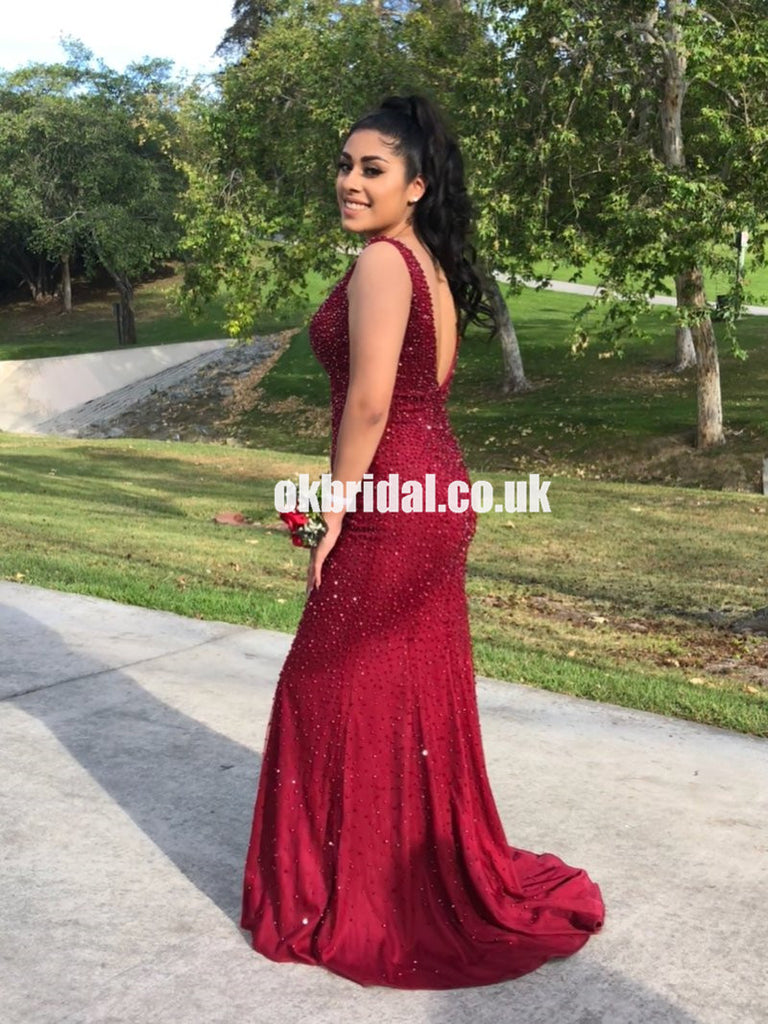 Sexy V-Neck Sleeveless Mermaid Red Beaded Backless Prom Dresses, KX1058