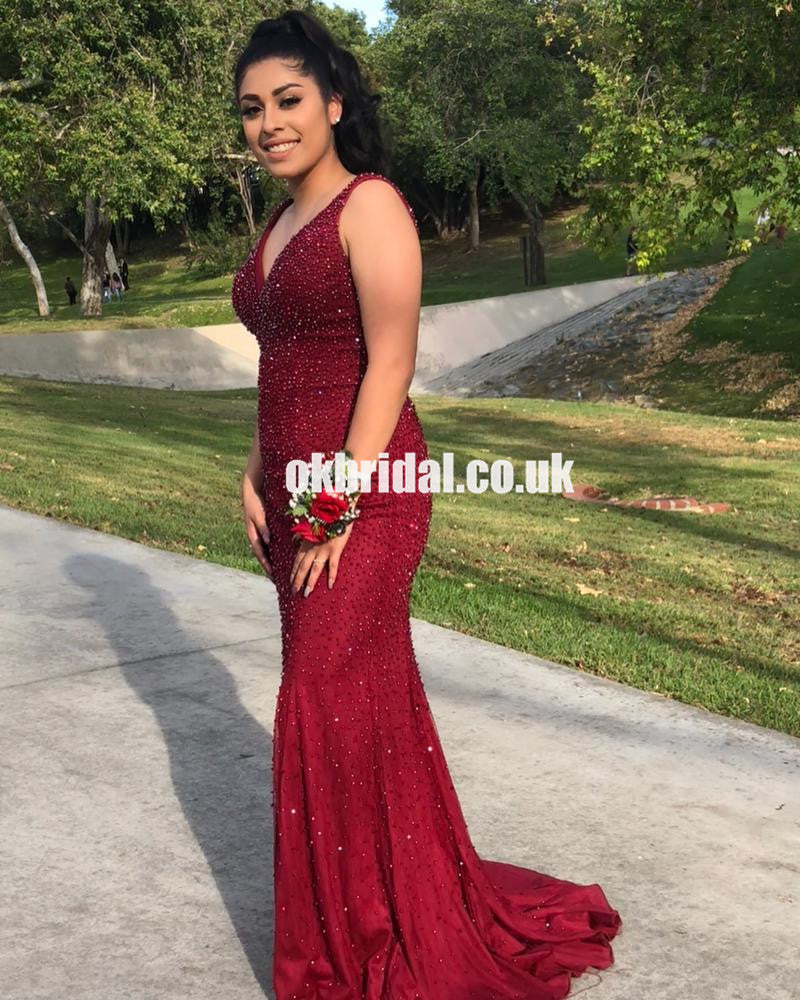 Sexy V-Neck Sleeveless Mermaid Red Beaded Backless Prom Dresses, KX1058