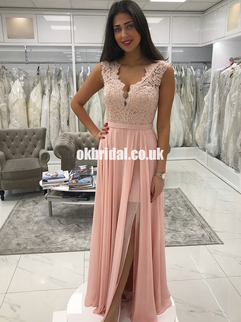 Lace Top Backless Pink Prom Dresses, Chiffon Sleeveless A-Line Prom Dresses, KX1069