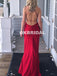 Red Backless Sexy V-Neck Sheath Prom Dress, Spaghetti Straps Elastic Satin Prom Dress, KX1076