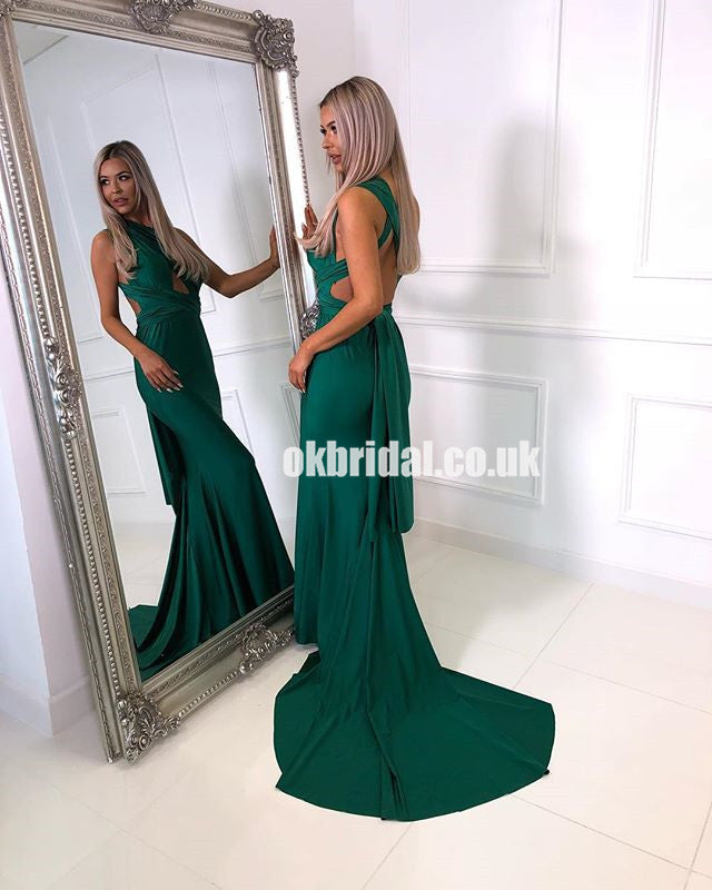 Green Convertible Backless Dresses, Mermaid Jersey Sexy Long Prom Dresses, KX1229