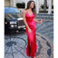 Charming Mermaid Soft Satin V-Neck Prom Dresses, Red Slit Backless Spaghetti Straps Prom Dresses, KX1449