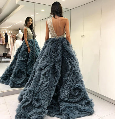 Stunning A-line Tulle One-shoulder Beaded Backless Prom Dresses, FC4765