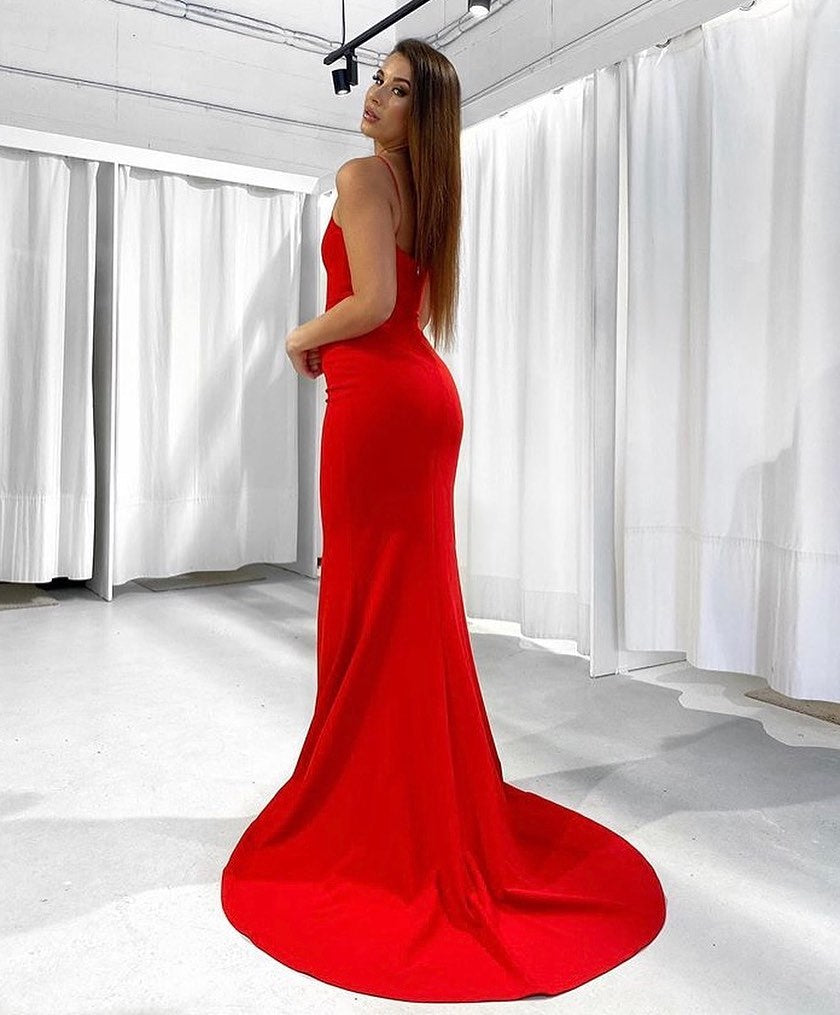 Red Sexy Mermaid Slit Jersey One-Shoulder Long Prom Dresses, FC5450