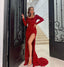 Gorgeous Red Mermaid Long Sleeves Sexy High Slit Sparkle Prom Dresses, FC6207