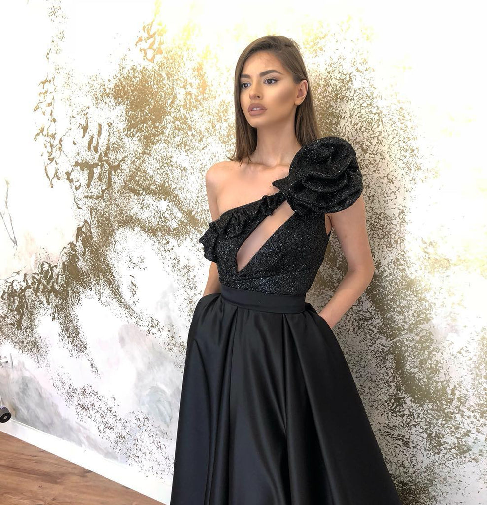 Gorgeous A-line Black Satin Slit Sequin One-shoulder Prom Dresses, FC6481