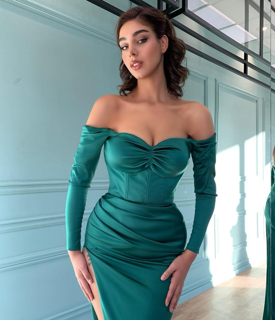 Off Shoulder Long Sleeves Mermaid Sexy High Slit Prom Dresses, FC6531