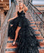 Sparkle Black High-Low Tulle A-line Spaghetti Straps Prom Dresses, FC6553