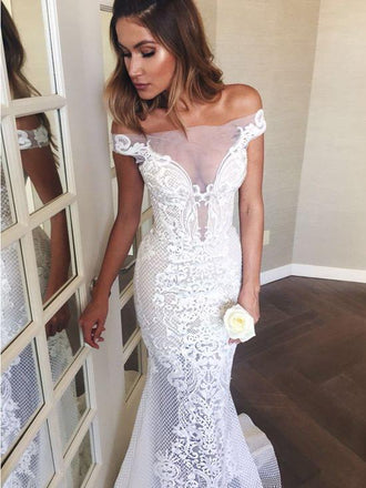 Long Lace Off Shoulder Bridal Dress, SexyTulle Floor-Length Mermaid Wedding Dress, LB0548