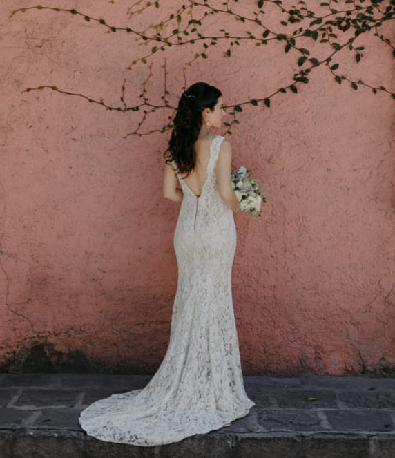 Beautiful Lace Mermaid Deep V-Neck Backless Long Floor-Length Sleeveless Wedding Dress, FC1481