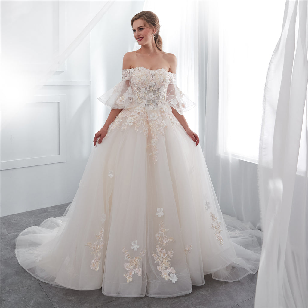 Gorgeous Off Shoulder Tulle A-Line Long Applique Wedding Dress, FC1634