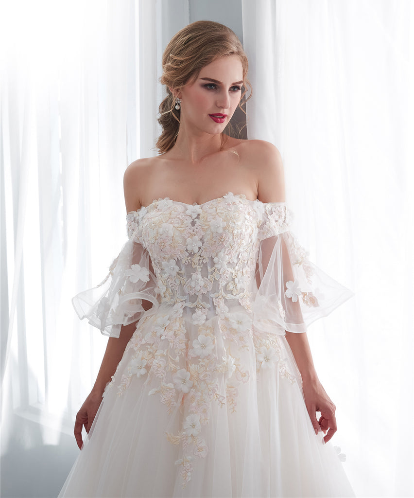 Gorgeous Off Shoulder Tulle A-Line Long Applique Wedding Dress, FC1634