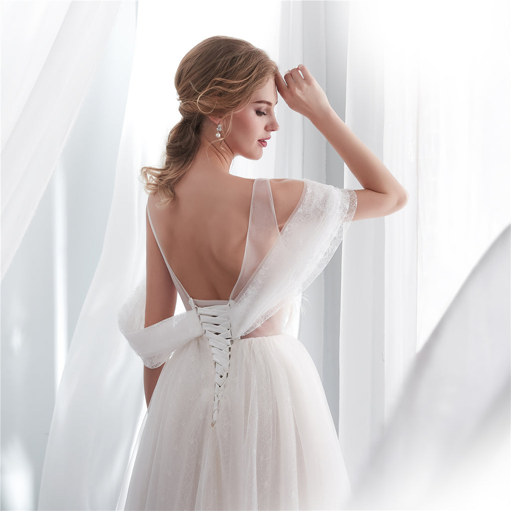 Charming Round Neckline A-Line Tulle Backless Lace Beaded Wedding Dresses, FC1636