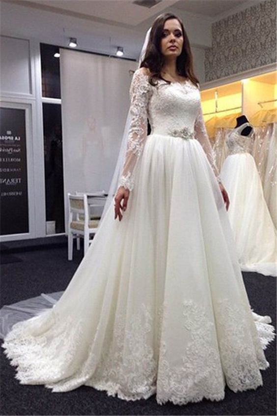 Elegant Off Shoulder Long Sleeve Lace A-Line Tulle Wedding Dress, FC1639