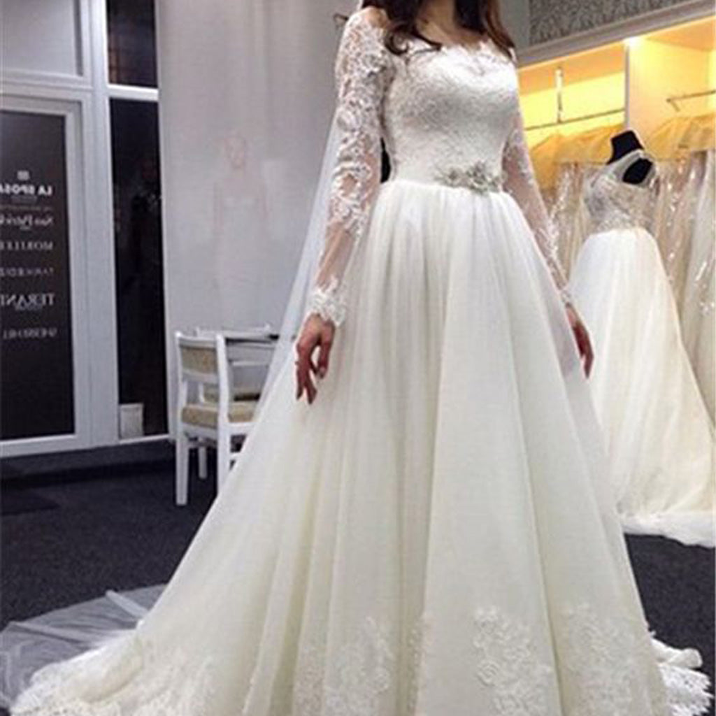 Elegant Off Shoulder Long Sleeve Lace A-Line Tulle Wedding Dress, FC1639