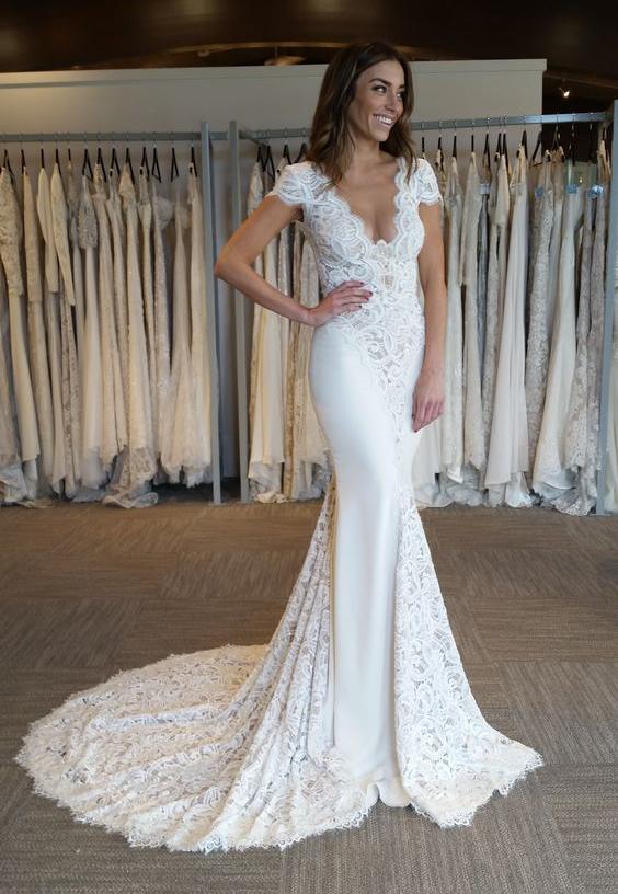 Sexy Mermaid Lace Short Sleeve Backless Wedding Dresses, FC1842