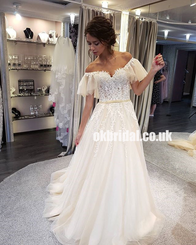 Charming Off Shoulder Lace Top Wedding Dress, Tulle A-Line Applique Wedding Dress, KX596