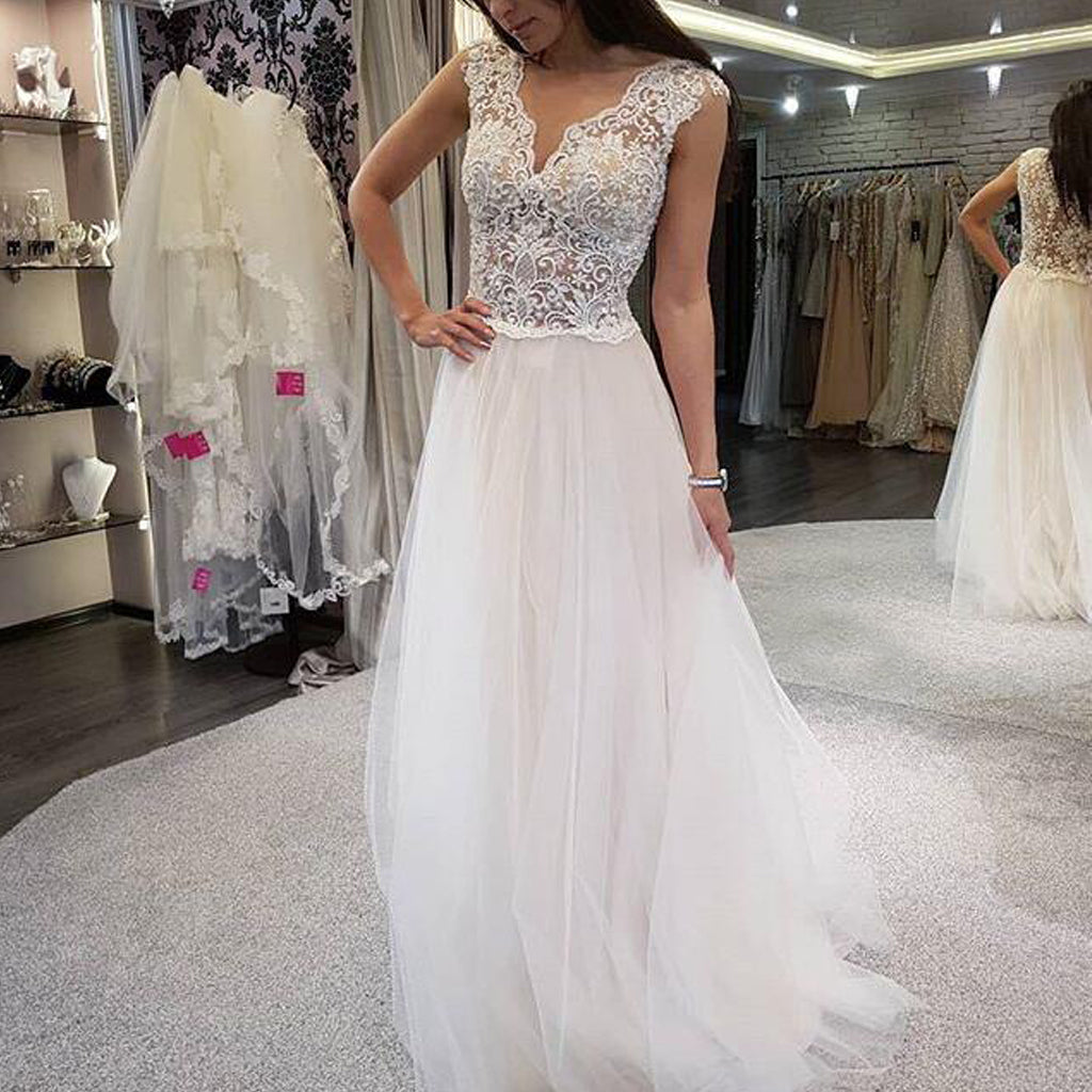 New Arrival Lace Top Tulle Wedding Dress, Cheap A-Line Sleeveless Wedding Dress, KX895