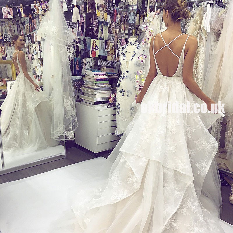 Unique Lace A-Line Wedding Dress, Backless Tulle V-Neck Charming Wedding Dress, KX9