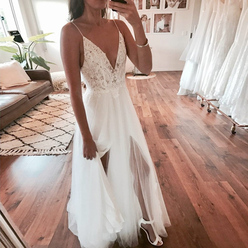 Sexy Lace Top Backless Slit Wedding Dress, A-Line Tulle V-Neck Bridal Dress, LB0764