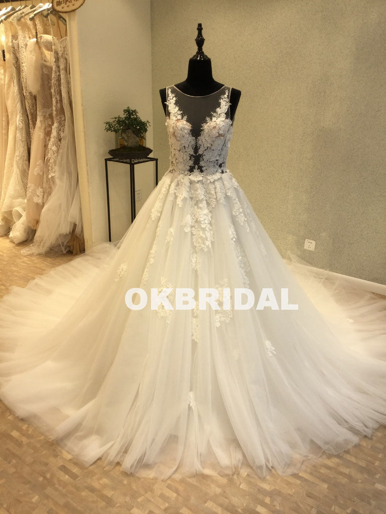 Cheap A-Line Tulle Wedding Dresses, Applique Round Neckline Wedding Dresses, KX1091