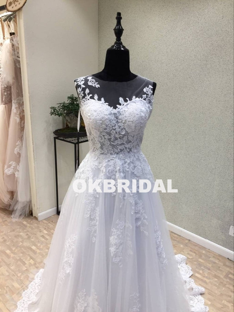 Long Tulle Cheap Applique Wedding Dresses, A-Line Lace Wedding Dresses, KX1092